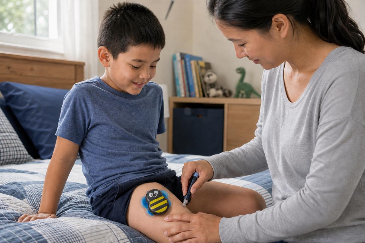 Mãe aplicando o Buzzy no filho em casa durante uma aplicação