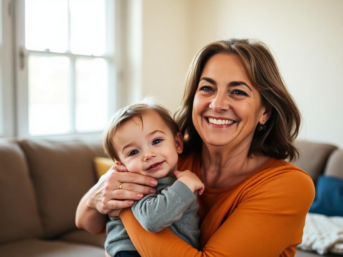 Mãe sorrindo abraçando o filho pequeno em casa
